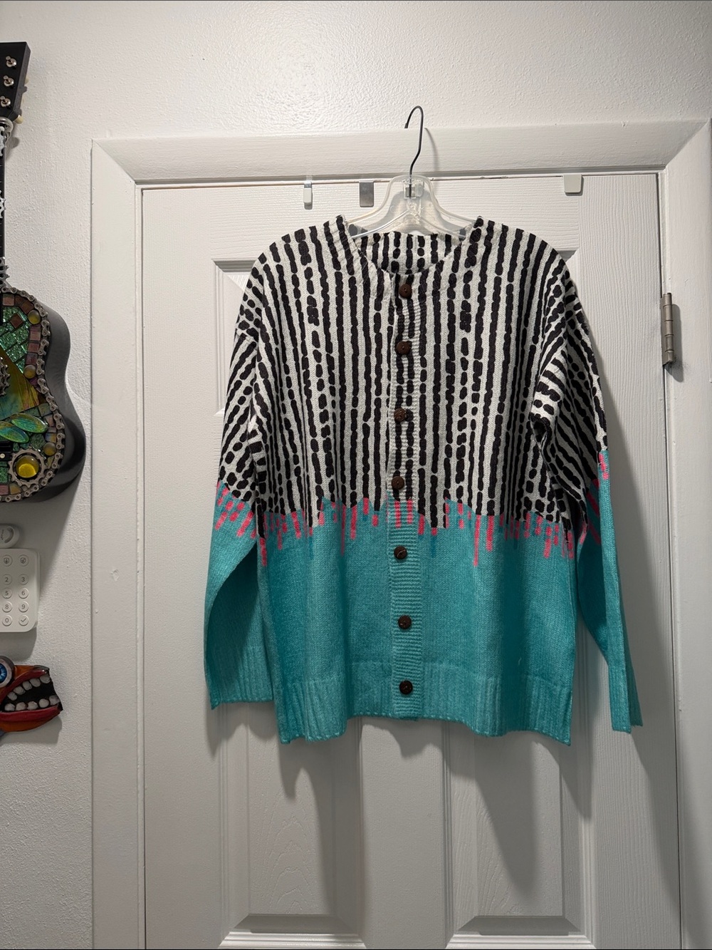 Turquoise & Black Patterned Button-Up Women's Sweater
